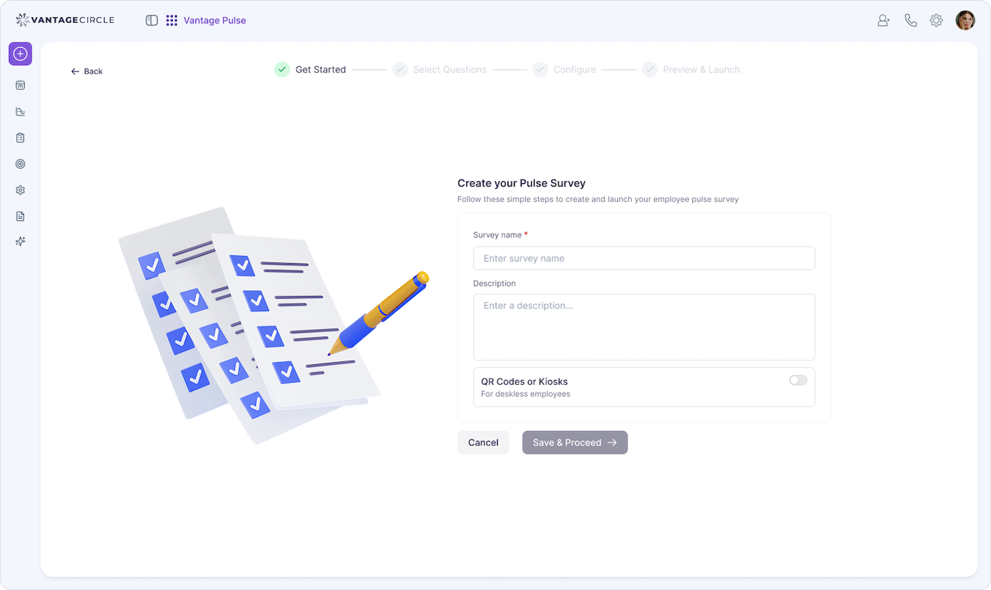 Vantage Pulse survey creation dashboard