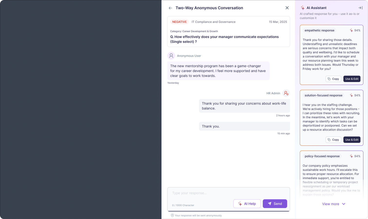Vantage Pulse anonymous response interface with AI assistant