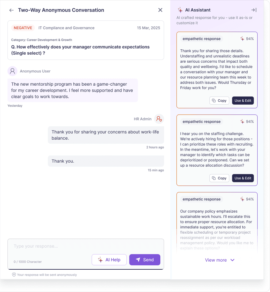 Vantage Circle Vantage Pulse anonymous response interface for a single team