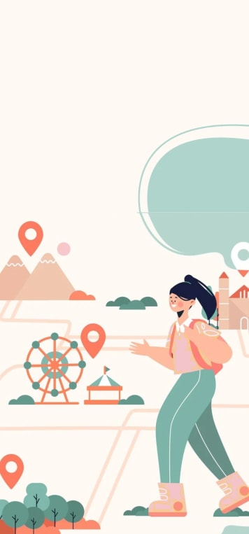 A traveller walking a mapped route past landmarks