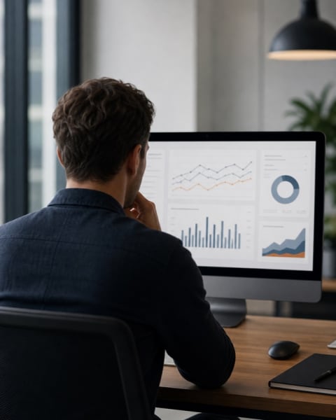 An HR leader reviewing workforce wellbeing analytics on a desktop monitor
