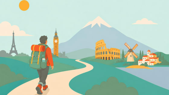 A backpacker walking a winding path past European landmarks