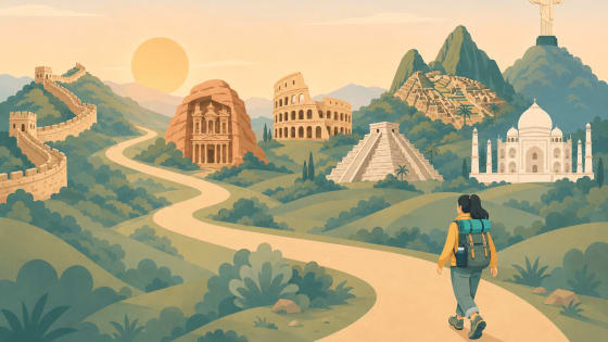 A walker on a winding path past the Seven Wonders
