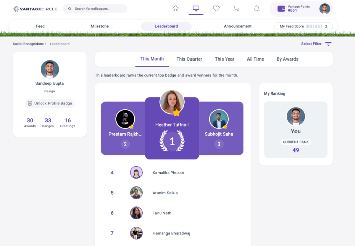 Vantage Recognition leaderboard showing top monthly badge and award winners with the employee's own ranking