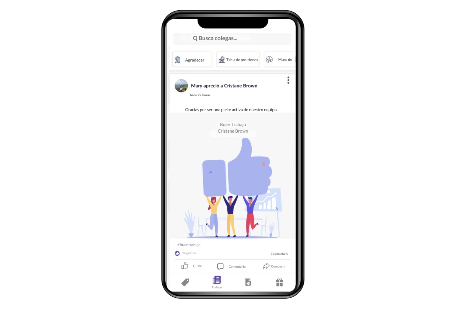 Interfaz móvil mostrando una publicación de agradecimiento a los empleados en la app Vantage Fit con reconocimiento a Cristane Brown.png