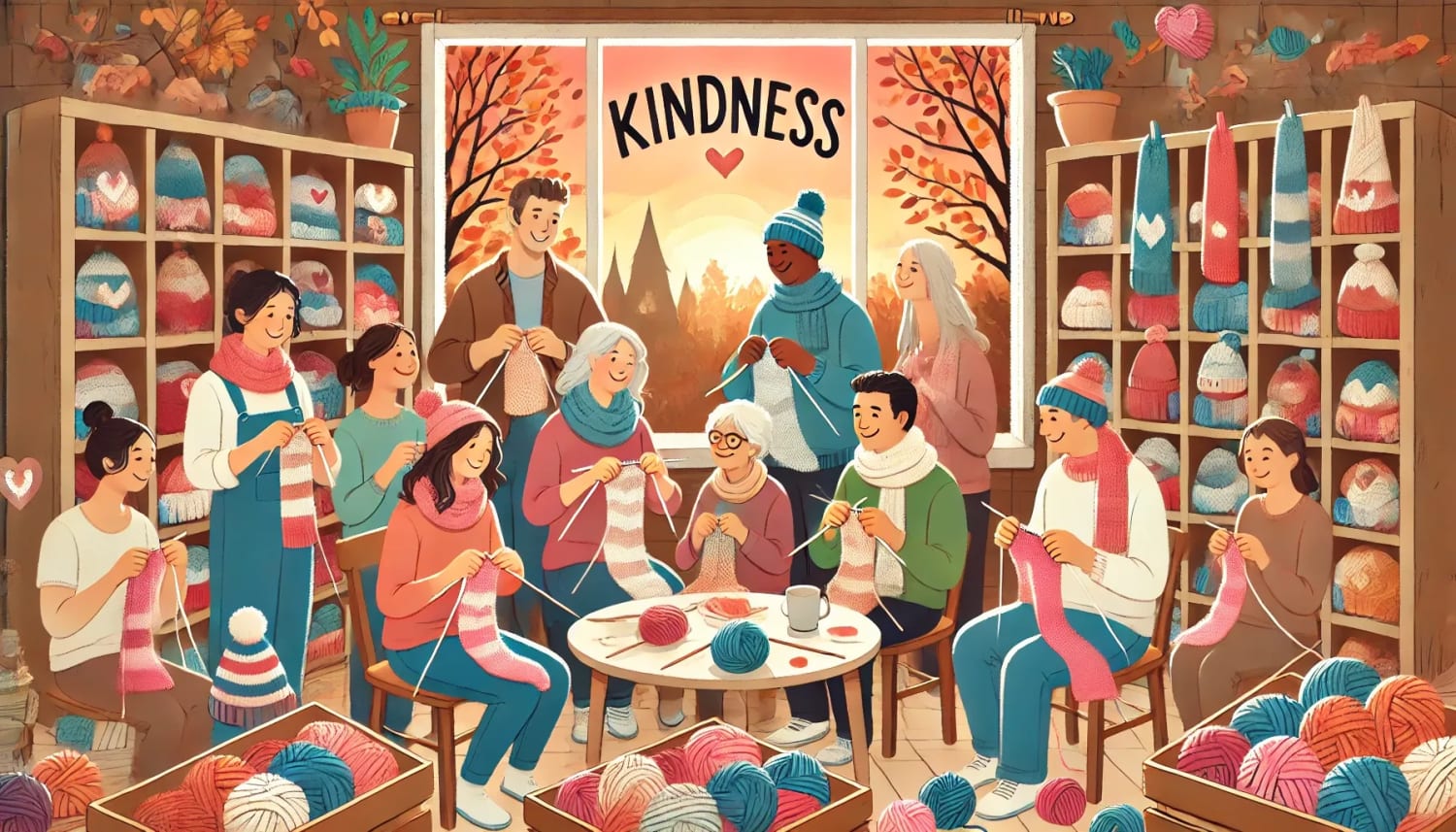 Employees knitting scarves and sweaters for local shelters as part of autumn acts of kindness celebration