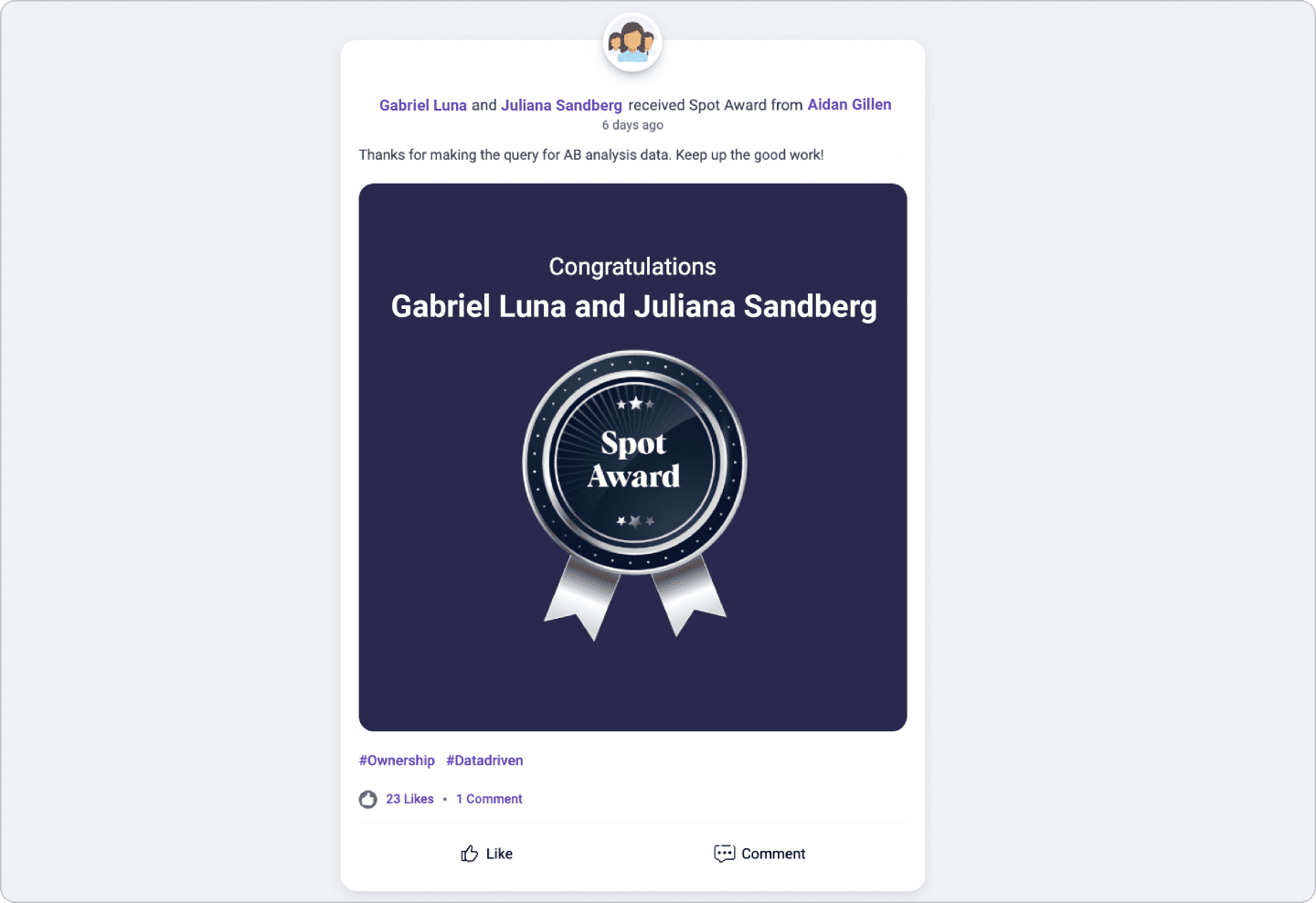 Spot award recognition post in Vantage Rewards