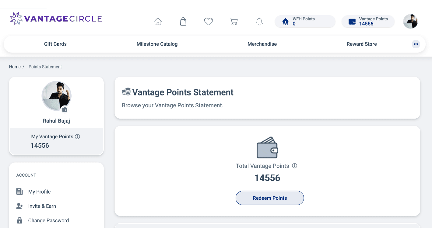 Points-based rewarding system in Vantage Rewards with redeemable points for gift cards and vouchers