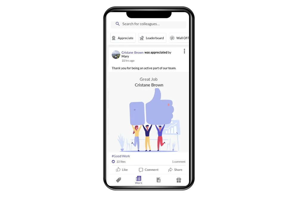 Mobile interface showing an employee appreciation post on the Vantage Fit app