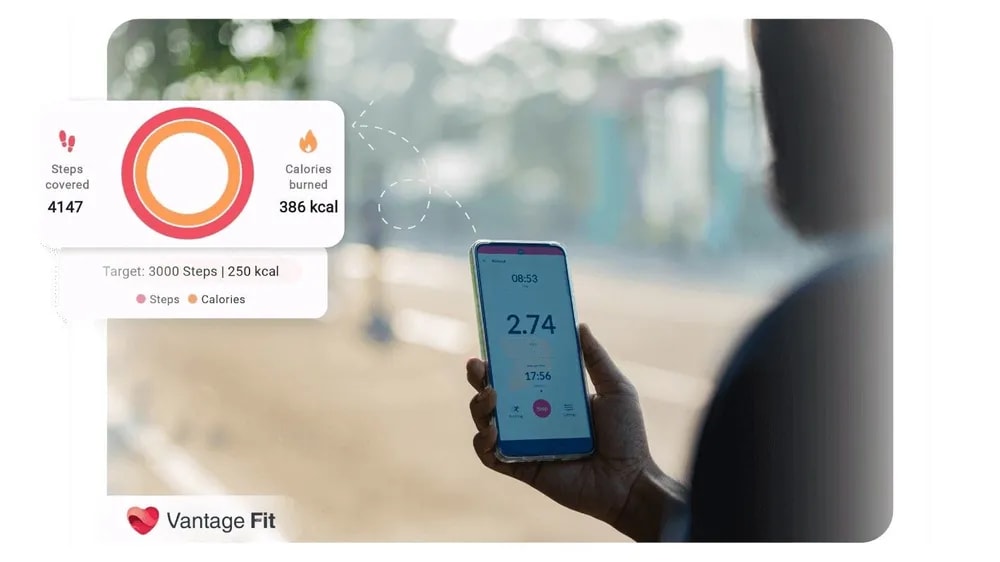 A person holding a phone showing the Vantage Fit app with step and calorie tracking stats, overlaid with a circular progress chart