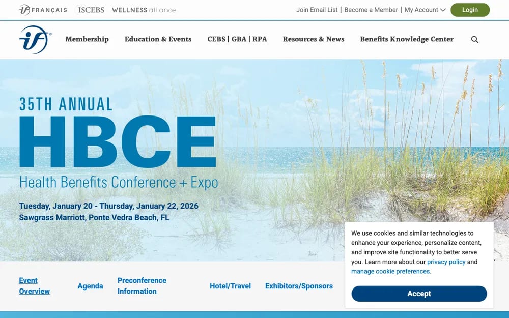 HBCE 2026 homepage , 35th Annual Health Benefits Conference and Expo, January 20-22 at Sawgrass Marriott, Ponte Vedra Beach, Florida with beach backdrop