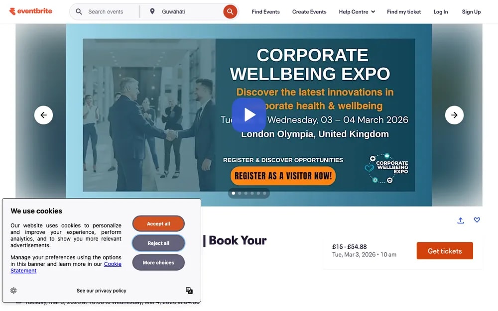 Corporate Wellbeing Expo 2026 Eventbrite listing page , March 3-4 in London, free visitor tickets for the UK's premier corporate wellbeing exhibition
