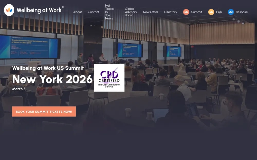 Wellbeing at Work Summit US 2026 New York homepage , employer-only corporate wellbeing event with dark hero banner and conference audience photo