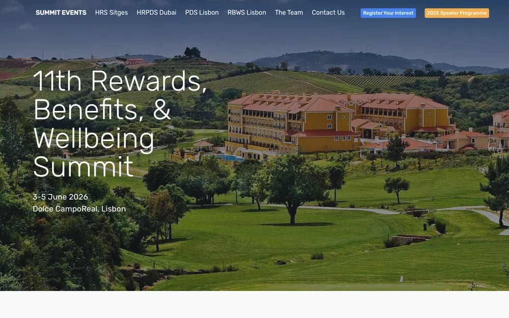 Rewards, Benefits and Wellbeing Summit 2026 homepage showing the Dolce CampoReal resort venue near Lisbon, Portugal , 11th annual invite-only event for senior HR leaders