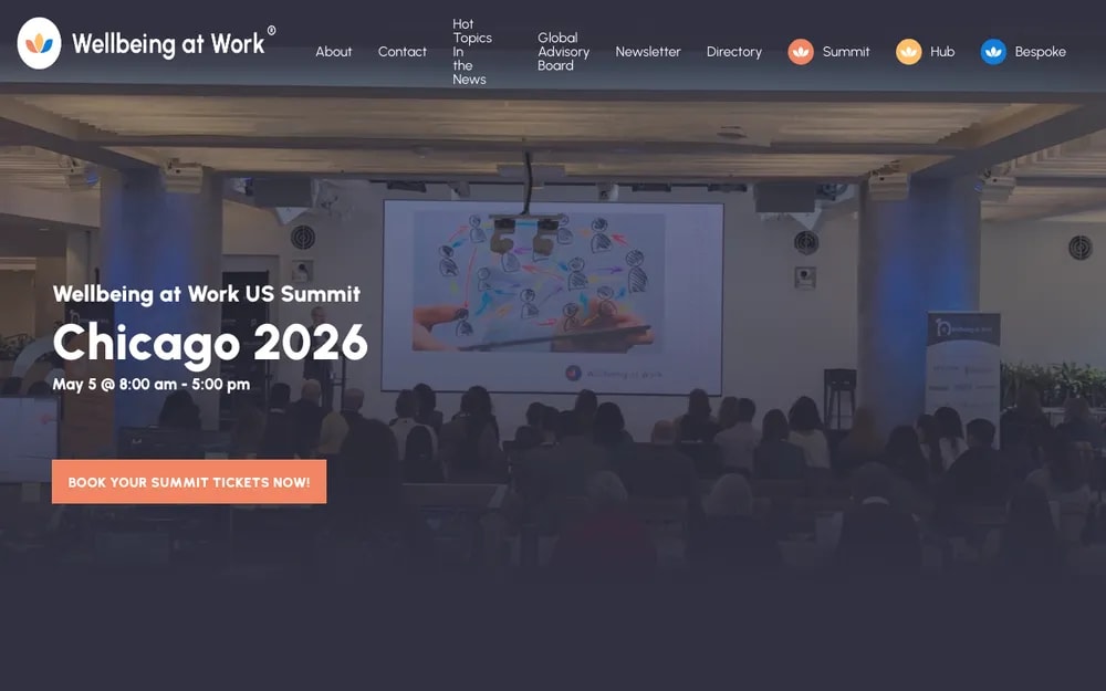 Wellbeing at Work Summit US 2026 Chicago homepage , employer-only corporate wellbeing event on May 5 with dark hero banner and audience photo