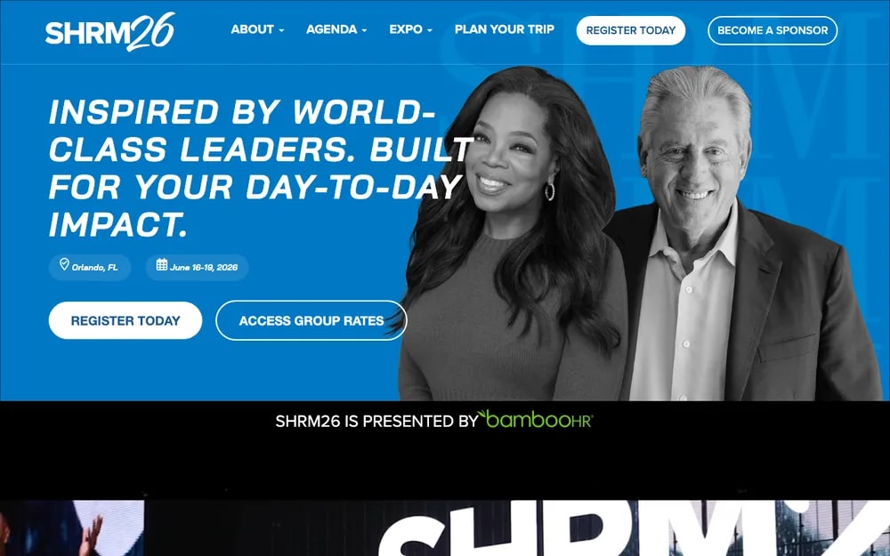 SHRM26 Annual Conference homepage , Inspired By World-Class Leaders, Built For Your Day-to-Day Impact, June 16-19 in Orlando with keynote speaker photos