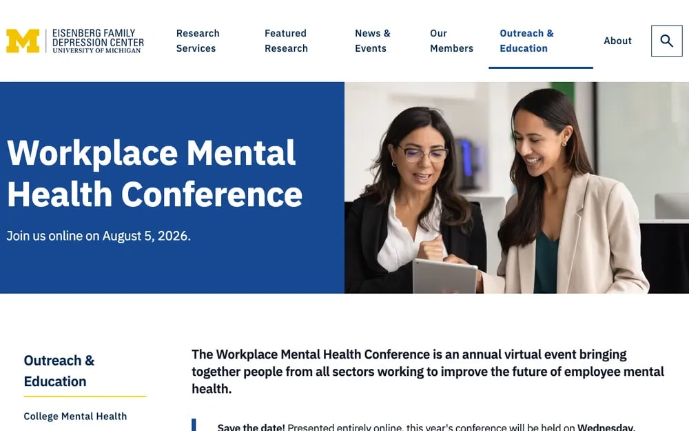 University of Michigan Workplace Mental Health Conference 2026 page , free virtual half-day event on August 5 from the Eisenberg Family Depression Center