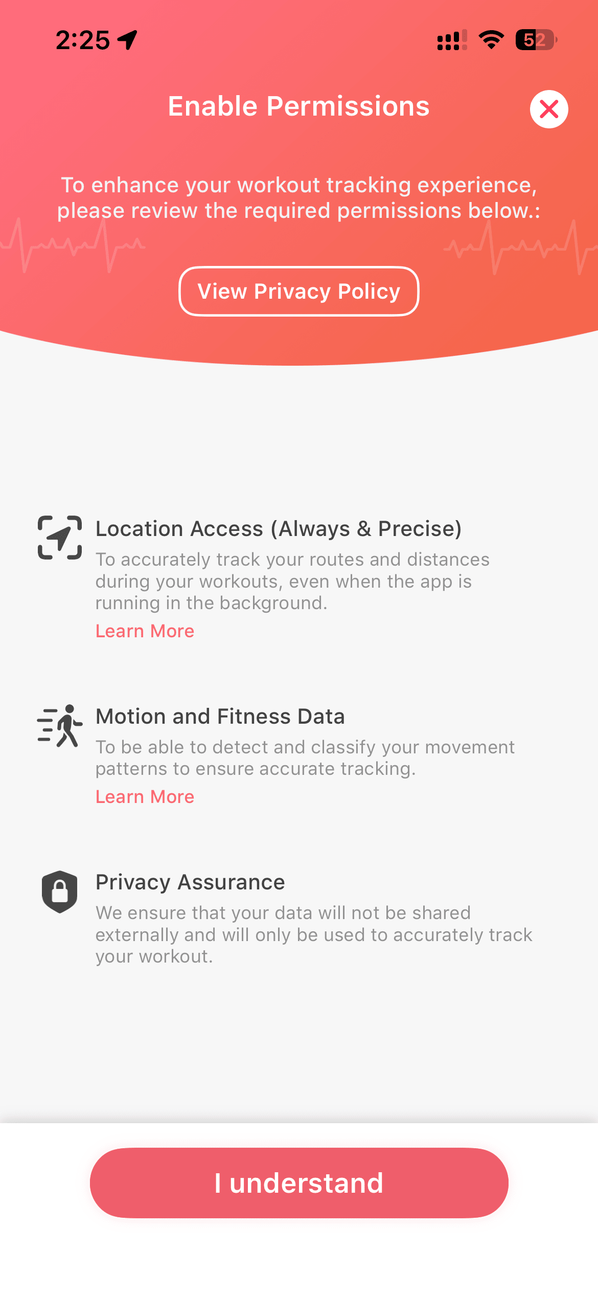 Enable Permissions screen showing Location Access, Motion and Fitness Data, and Privacy Assurance with I understand button