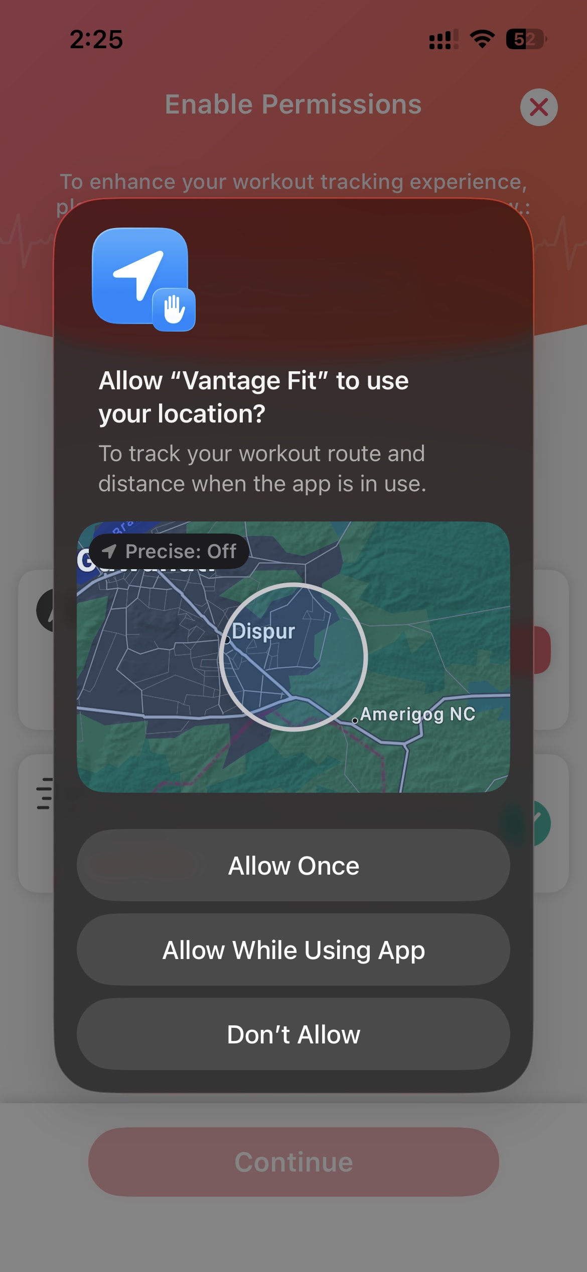 iOS location permission dialog with Allow Once, Allow While Using App, and Don't Allow options