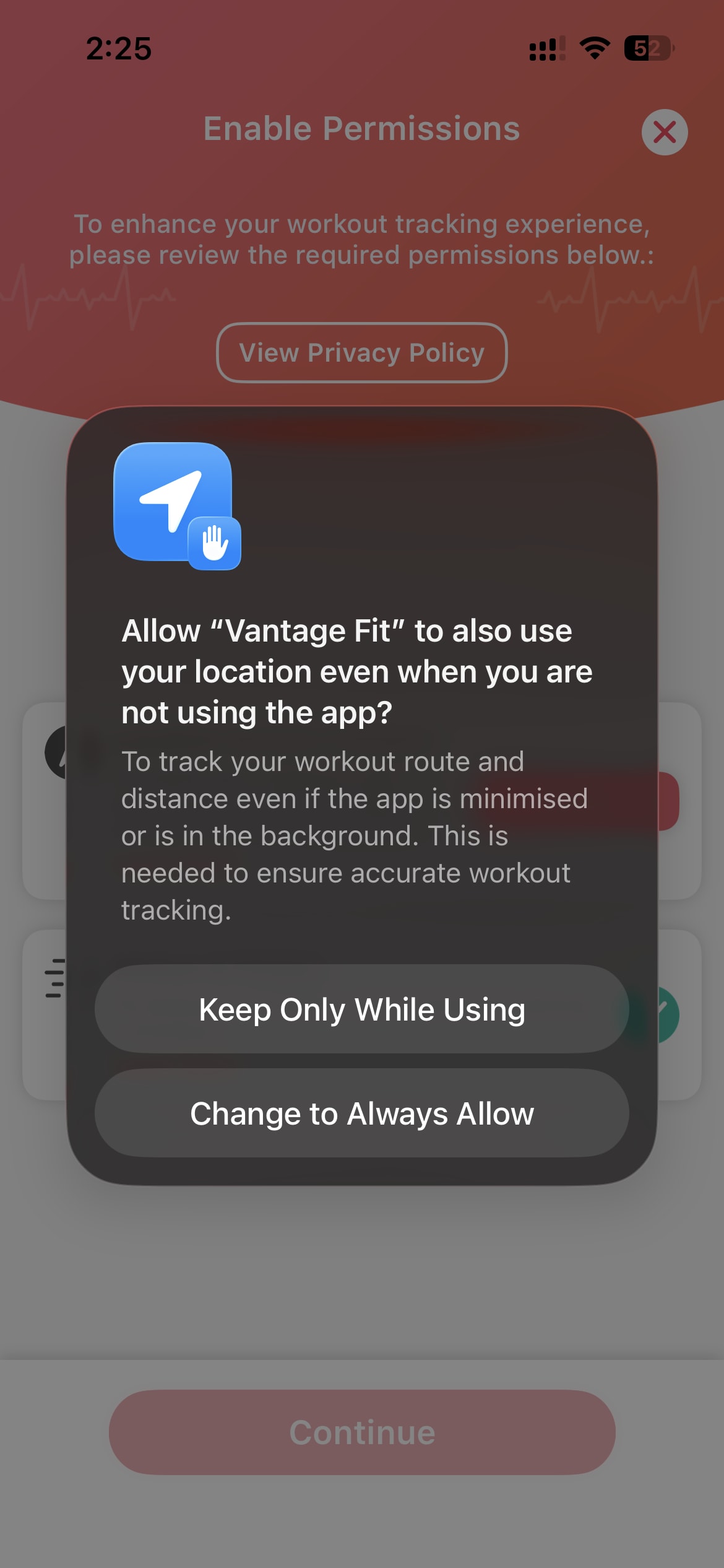 iOS dialog asking to allow background location access with Change to Always Allow option