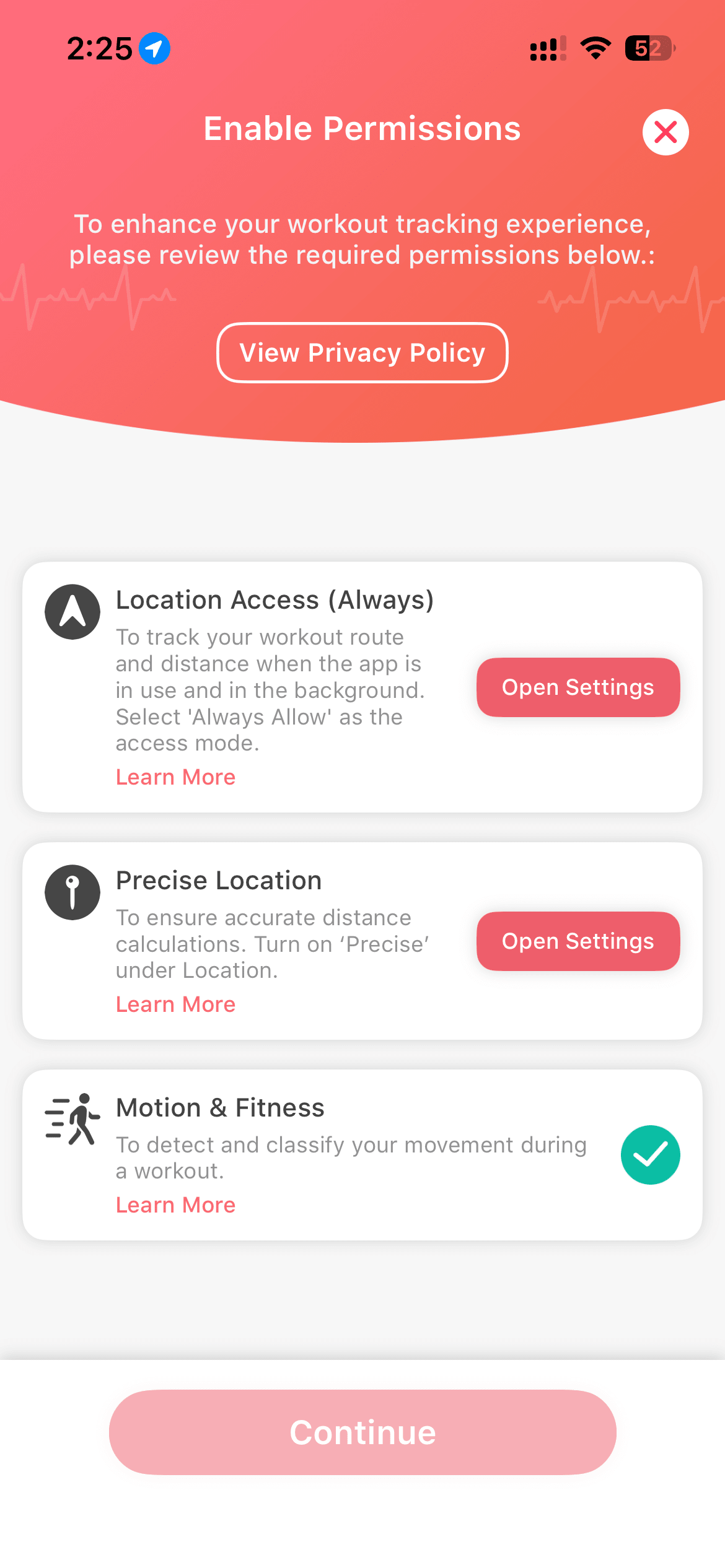 Enable Permissions screen showing Location Access with Open Settings button and Motion and Fitness with green checkmark