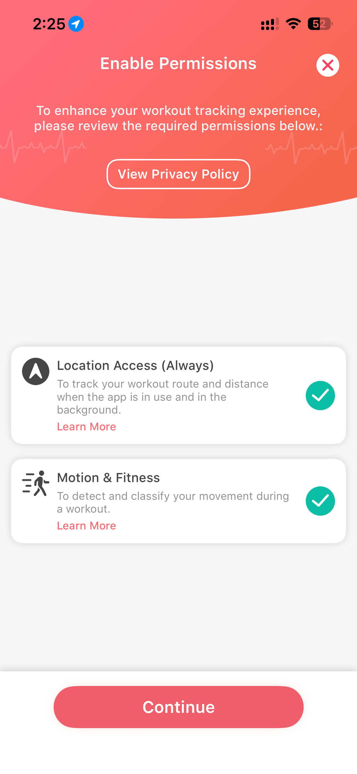 Enable Permissions screen with all permissions granted and Continue button active
