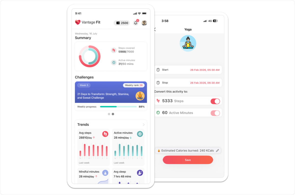 Vantage Fit active minutes tracker showing activity breakdown and progress toward WHO weekly exercise recommendation