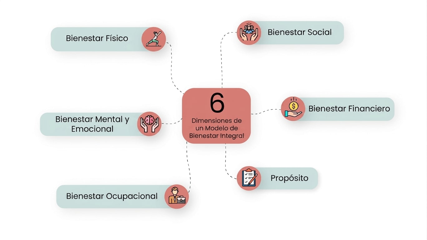 Las 6 dimensiones de un modelo de bienestar integral: físico, mental y emocional, ocupacional, social, financiero y propósito