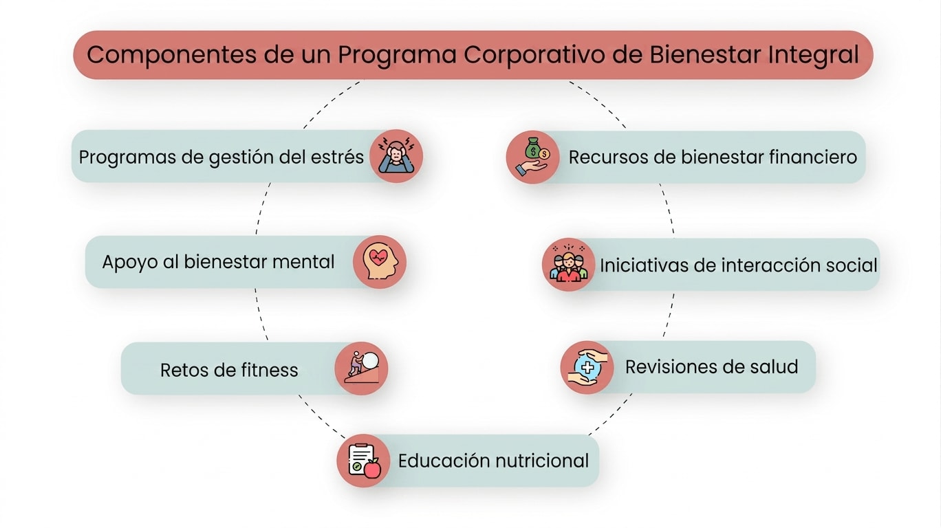Componentes de un programa corporativo de bienestar integral: gestión del estrés, bienestar mental, retos de fitness, nutrición, revisiones de salud, interacción social y recursos financieros