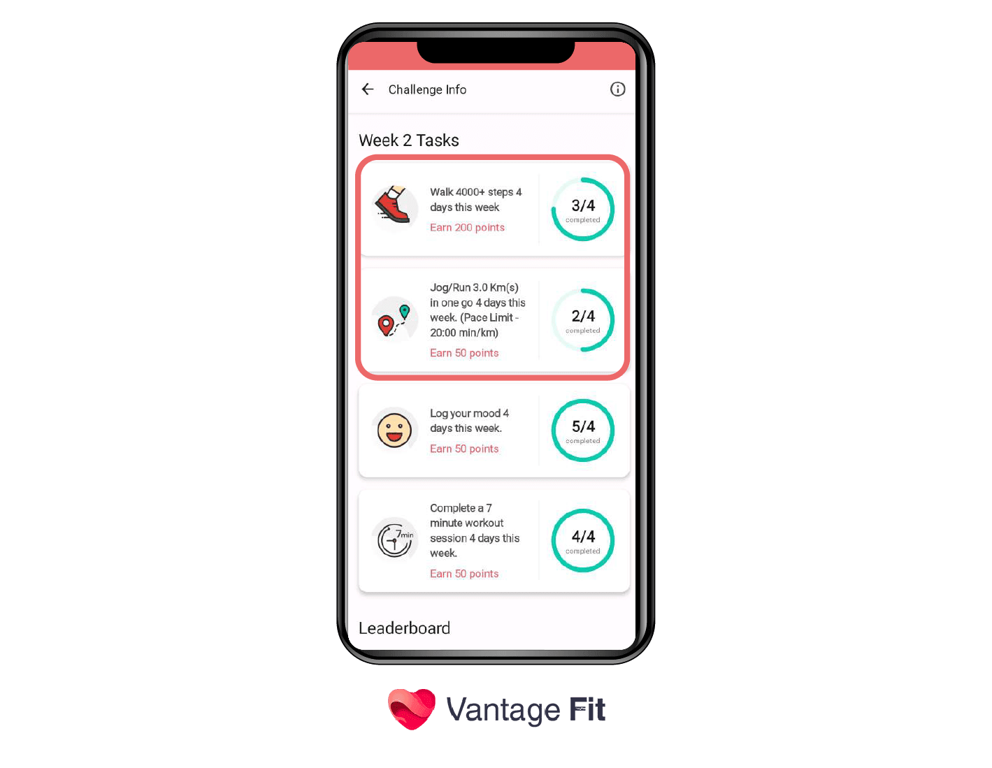 A dashboard of the Vantage Fit app showcasing various weekly wellness challenges