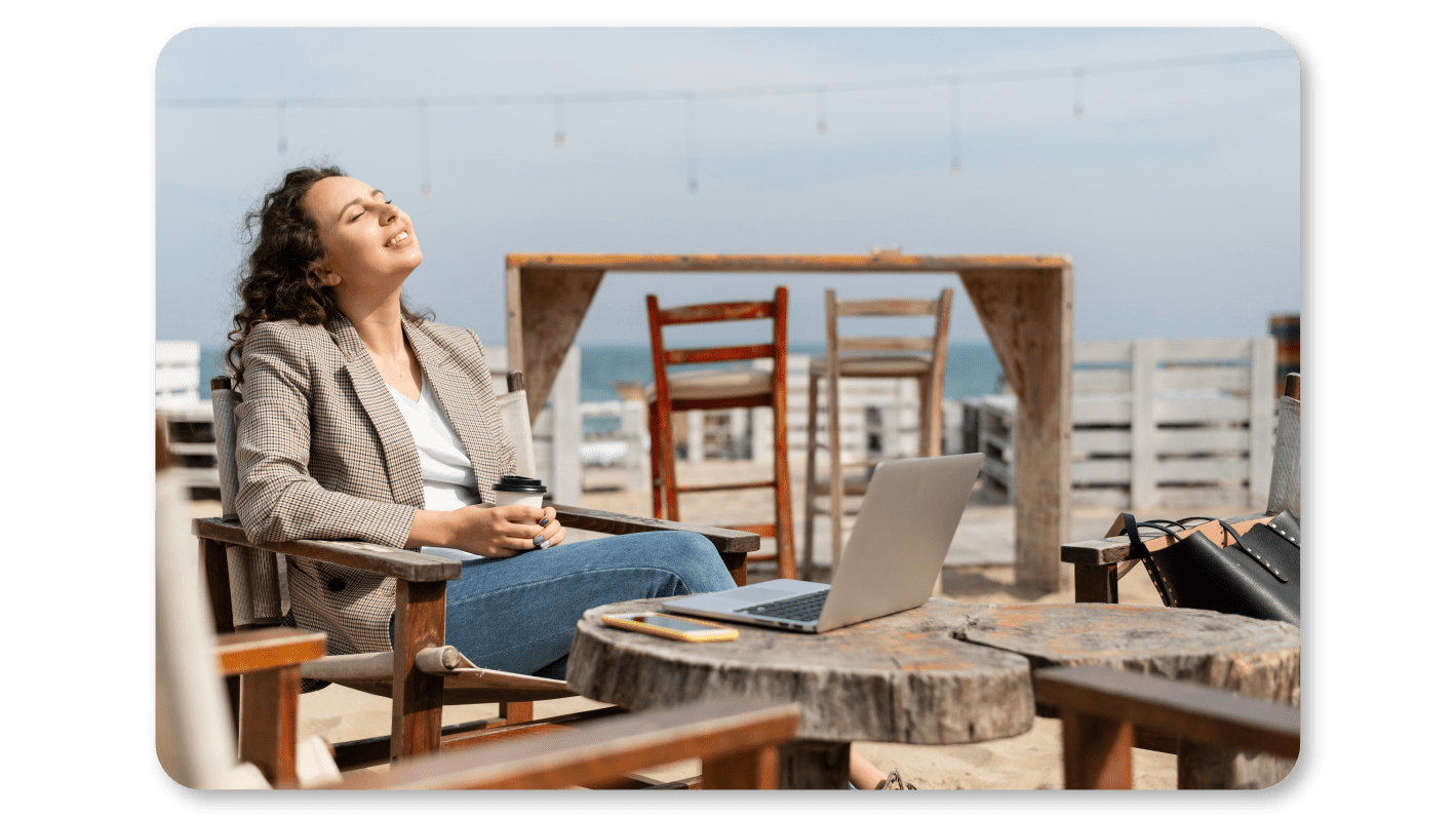 A Woman Practicing Mindfulness Exercise at Work through Mindful Exploration of the Five Senses