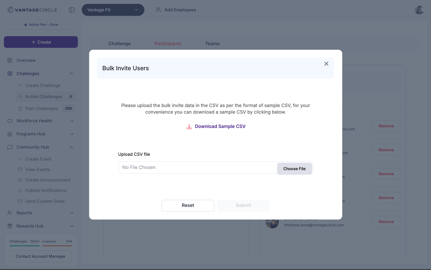 CSV bulk upload interface for participants