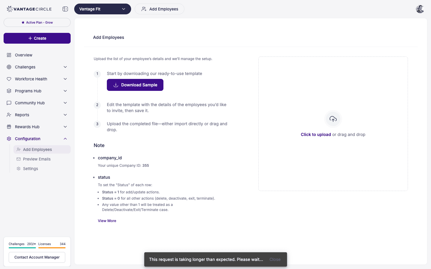 Configuration — Add Employees page with CSV upload area