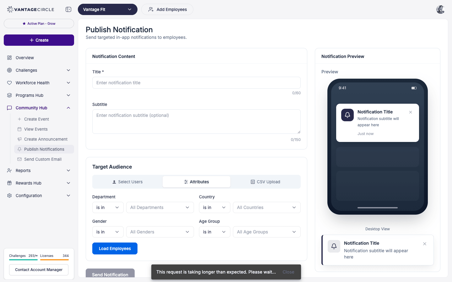 Community — Publish Notifications page with message field and audience selector