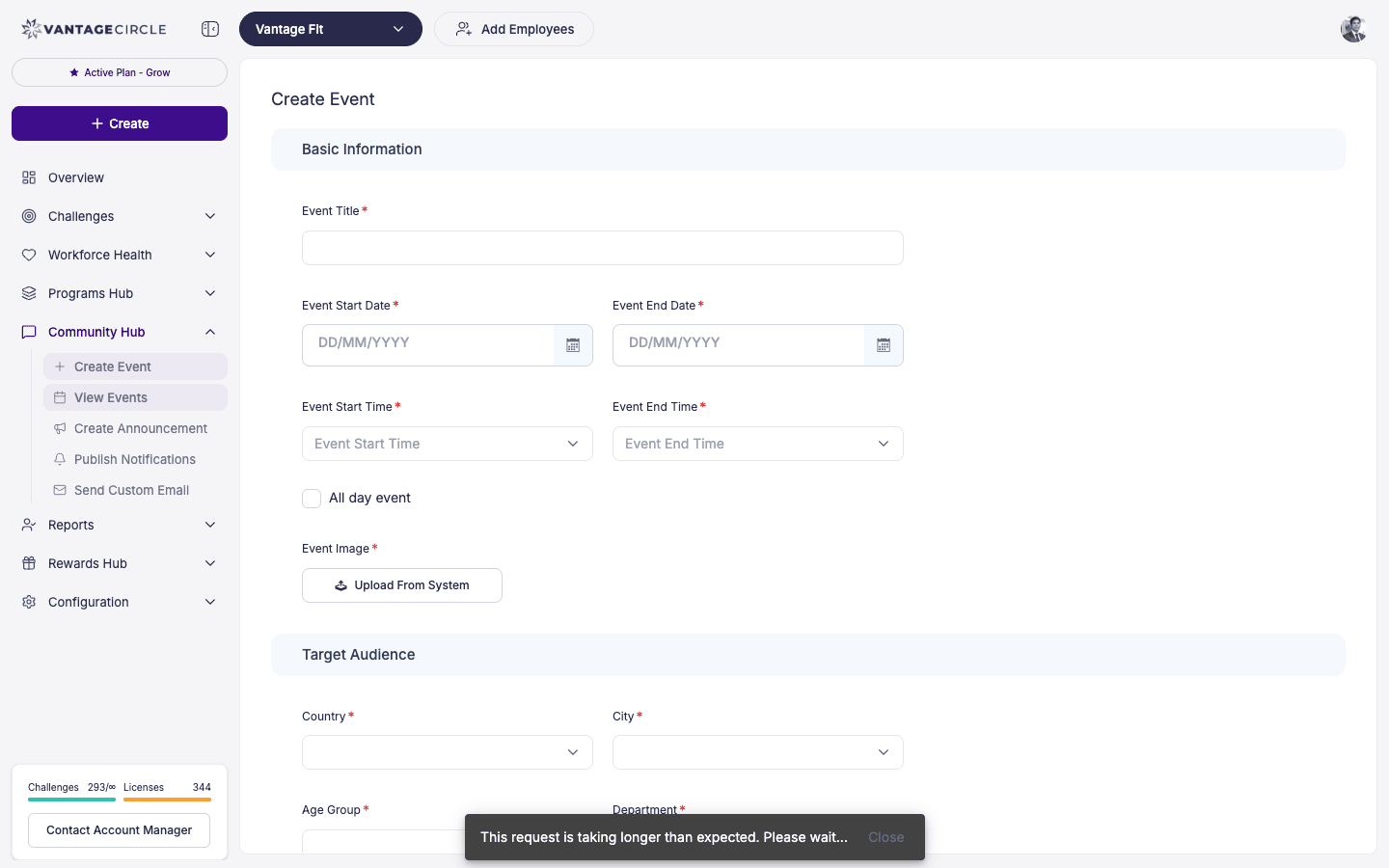 Create Event form with title, description, venue, and date fields