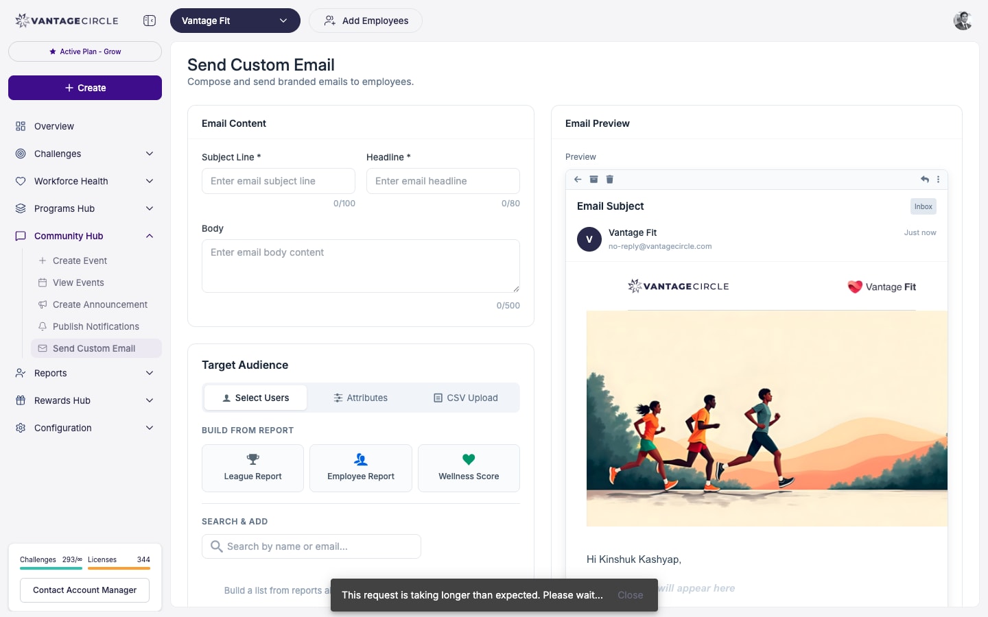 Community — Send Custom Email page with template selection and content editor