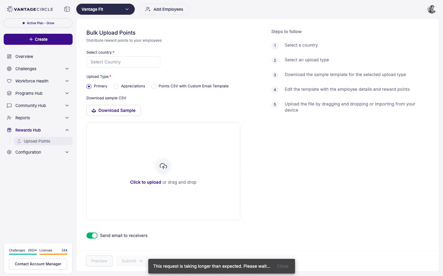 Reward Hub — Upload Points page with CSV upload area and preview