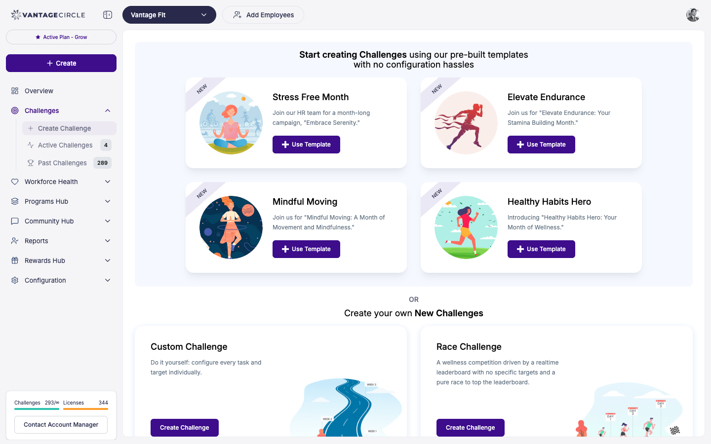 Template library showing available pre-built challenge templates