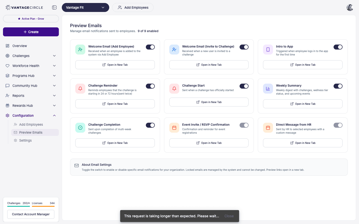 Configuration — Preview Emails page