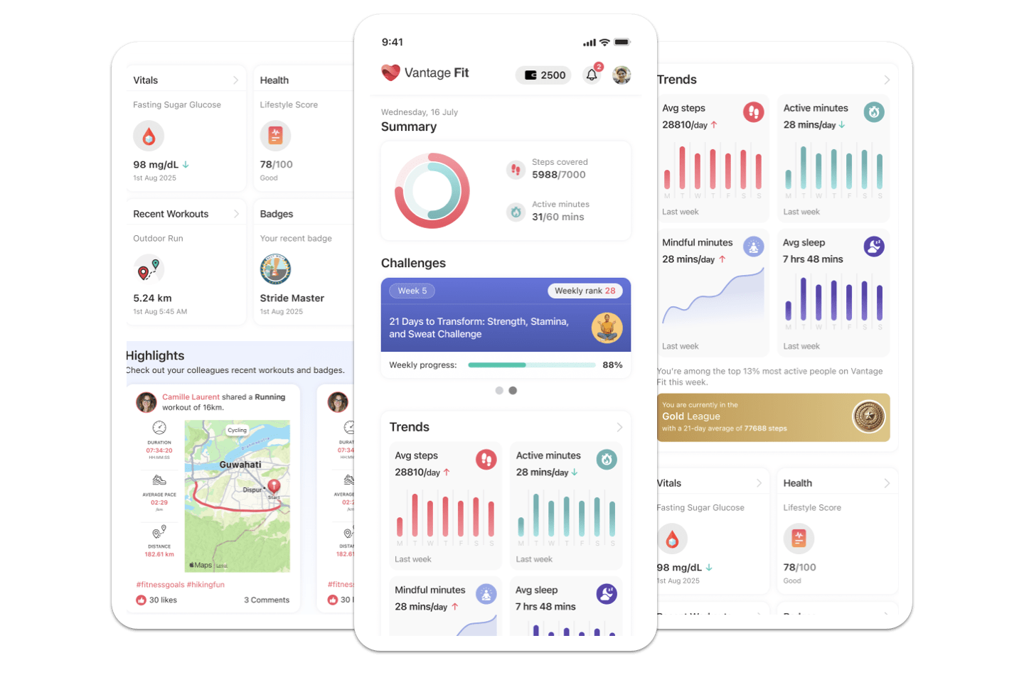 Vantage Fit mobile wellness dashboard showing lifestyle score, active minutes, step tracking, and challenge progress.