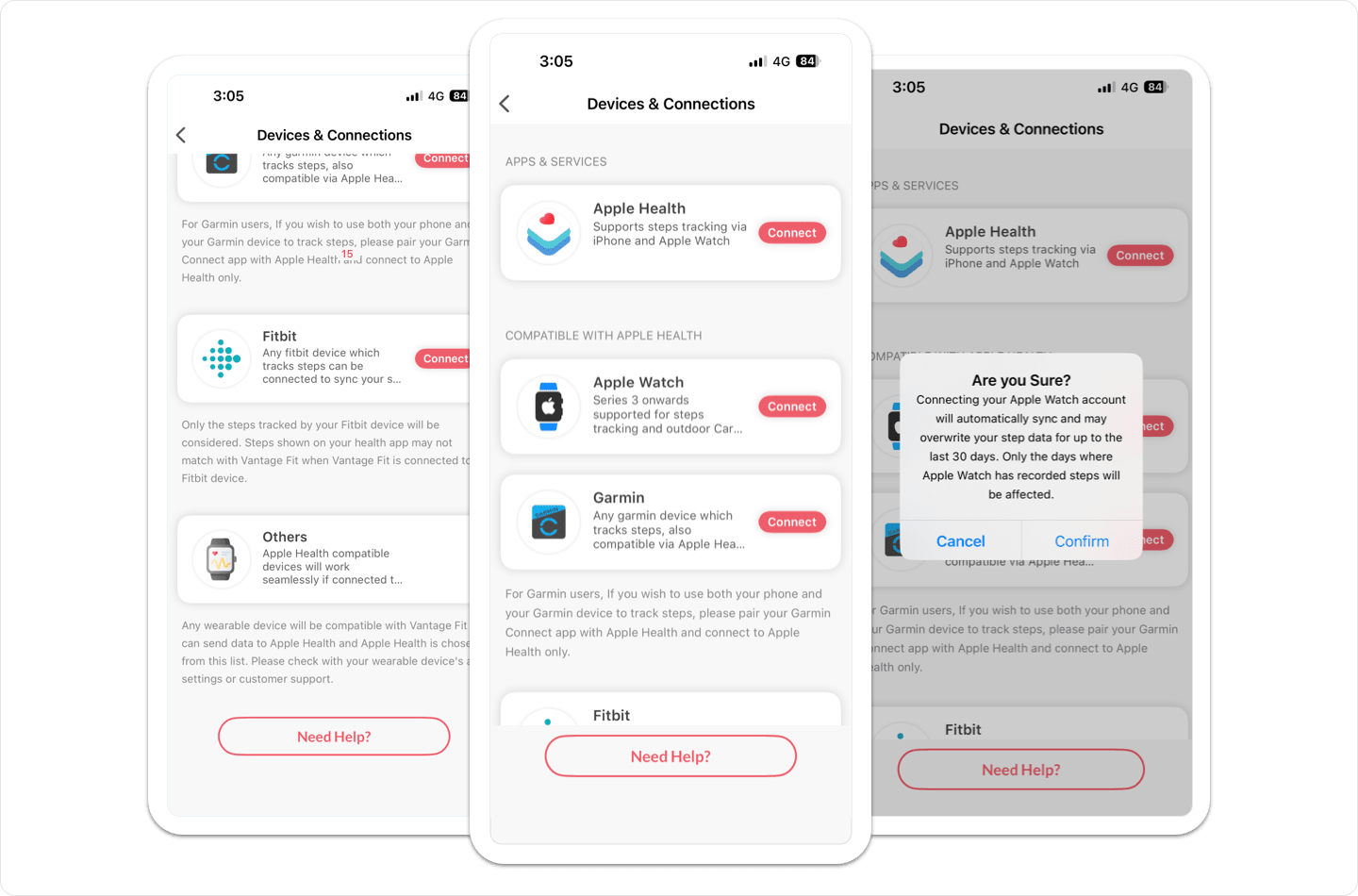 Vantage Fit mobile devices and connections screen for syncing Apple Health, Apple Watch, Garmin, and Fitbit with confirmation dialog.