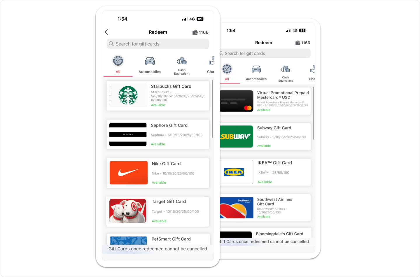 Vantage Fit mobile rewards redemption screen with gift card catalog, category tabs, and available points balance for checkout.