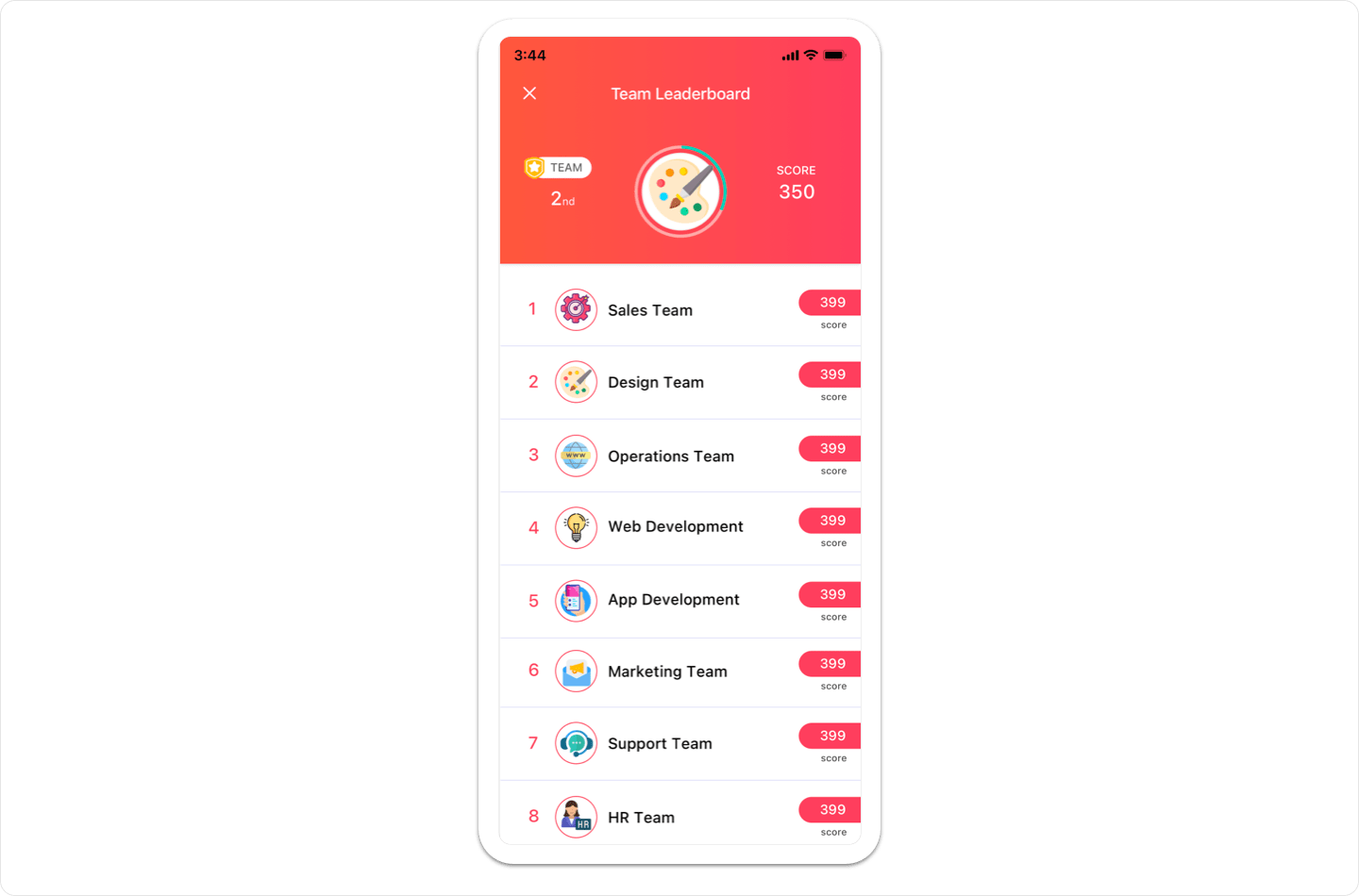 Vantage Fit mobile team leaderboard screen ranking teams by score with badge icons and top team highlight section.