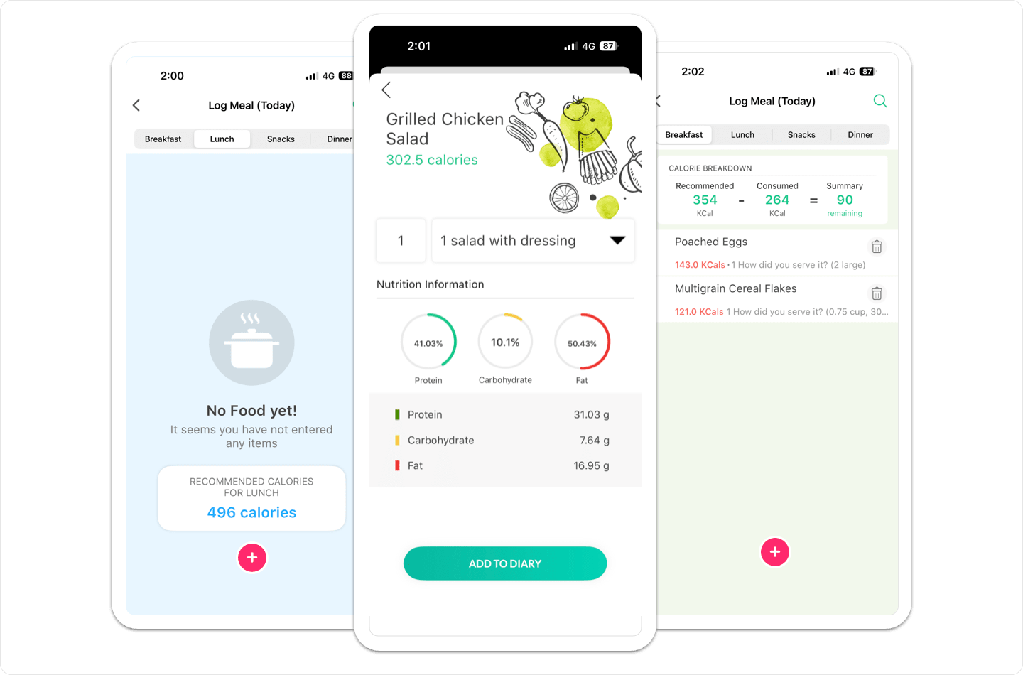 Vantage Fit mobile meal logging interface with nutrition breakdown, calorie summary, and add-to-diary controls for tracked meals.