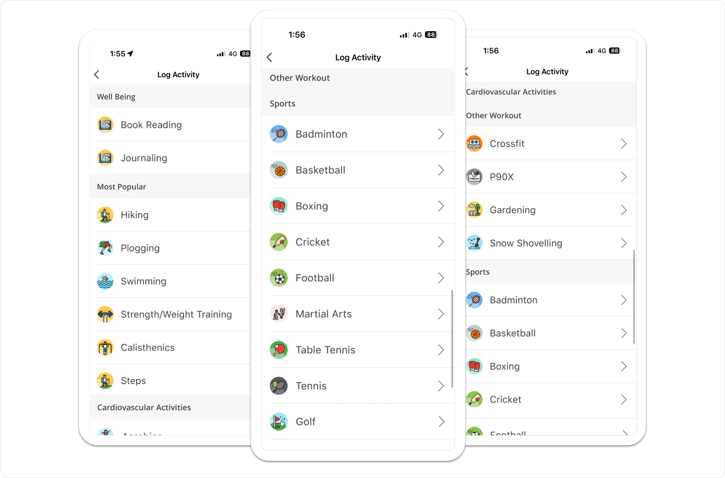 Vantage Fit mobile activity logging screen listing workout categories like hiking, swimming, and strength training for quick daily entry.