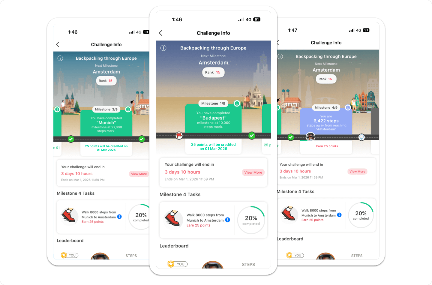 Vantage Fit mobile challenge journey view with milestone timeline, progress cards, points earned, and leaderboard task updates.