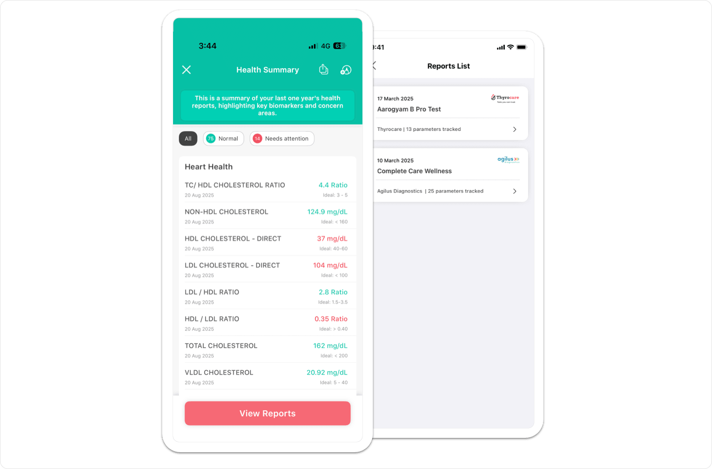 Vantage Fit AI-powered lab report analysis showing biomarker results with risk levels and health insights.