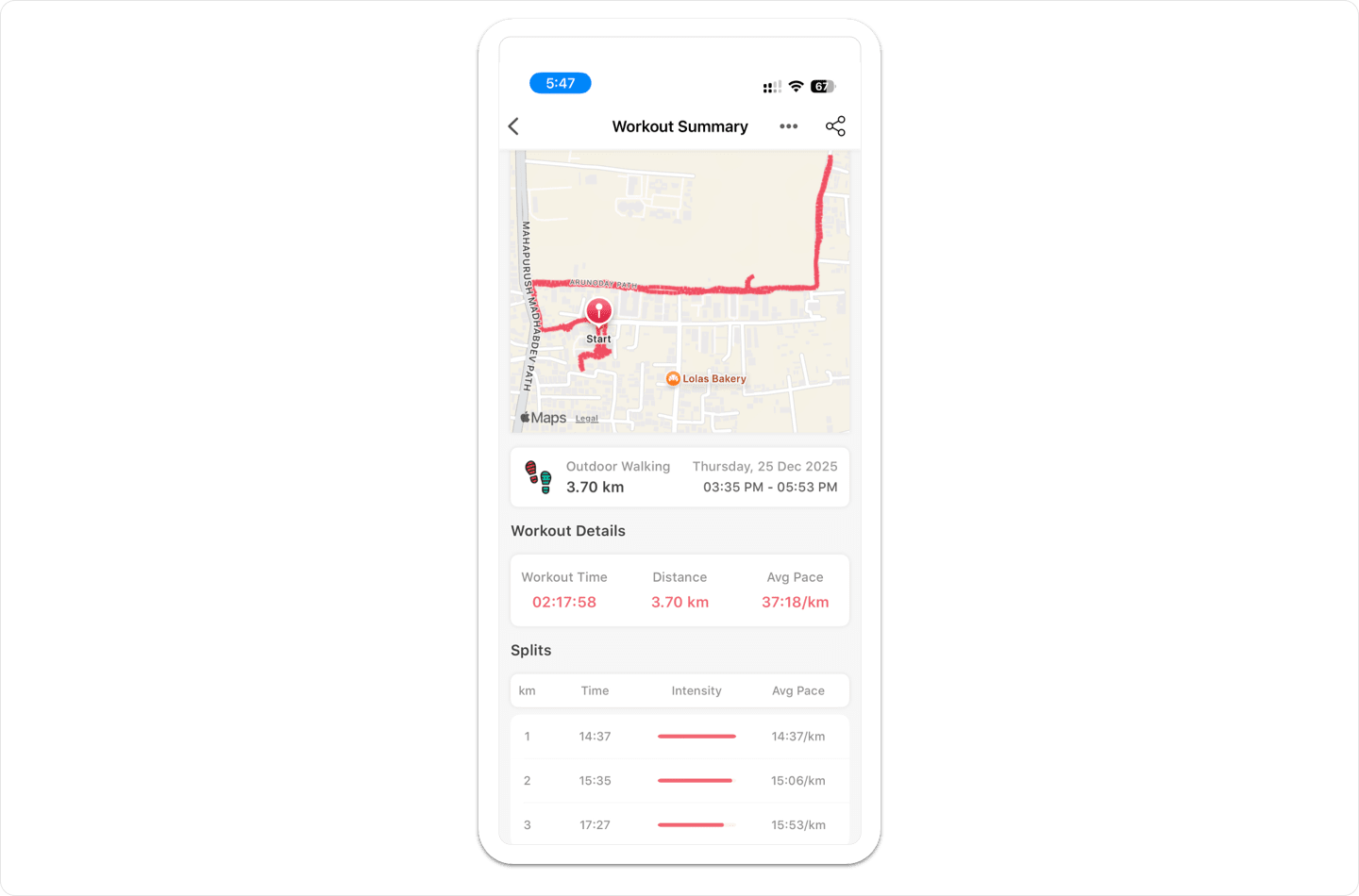 Vantage Fit GPS activity tracking showing outdoor running route map with distance, pace, and calorie data.