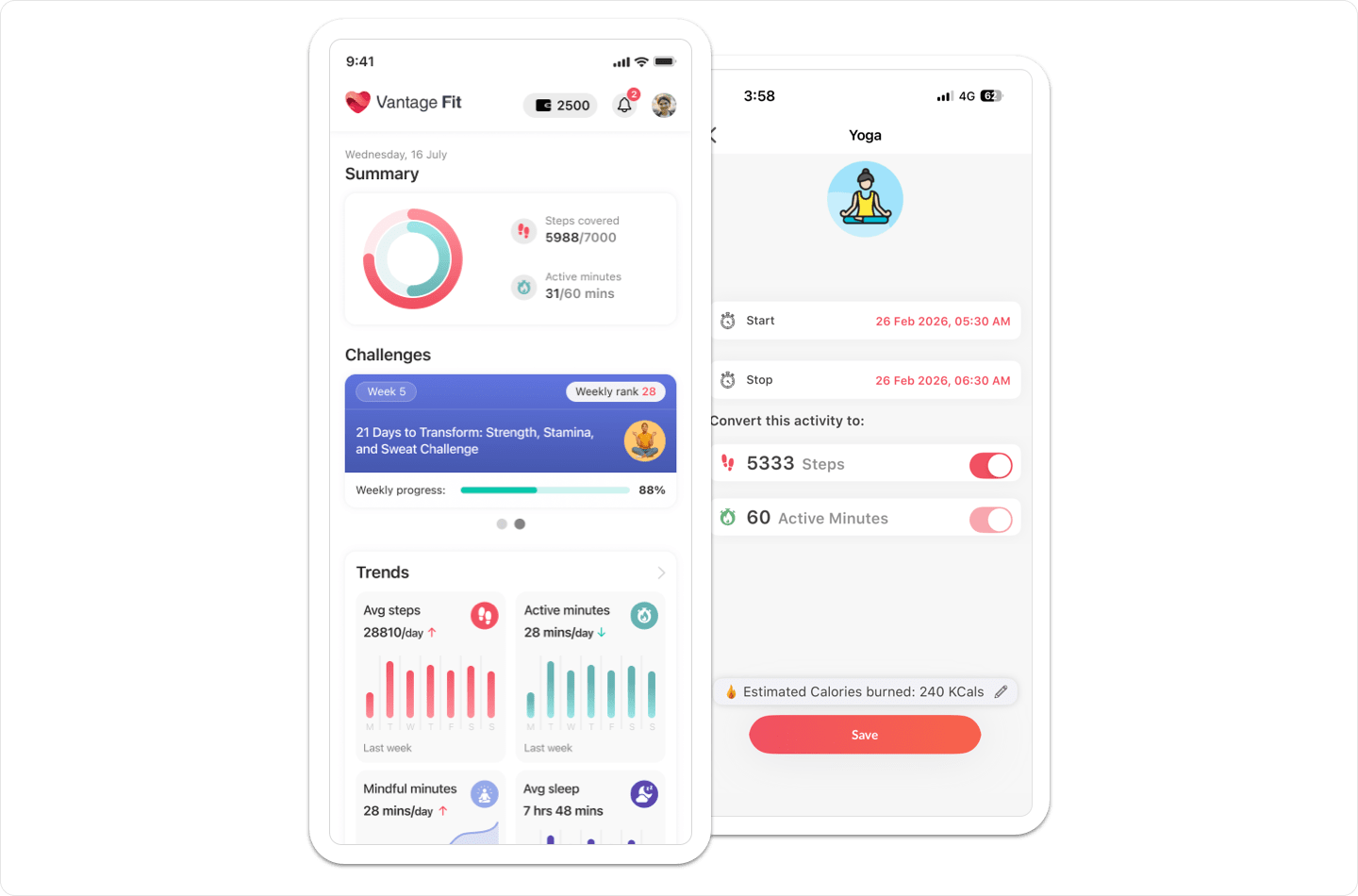Vantage Fit active minutes tracking screen showing daily physical activity