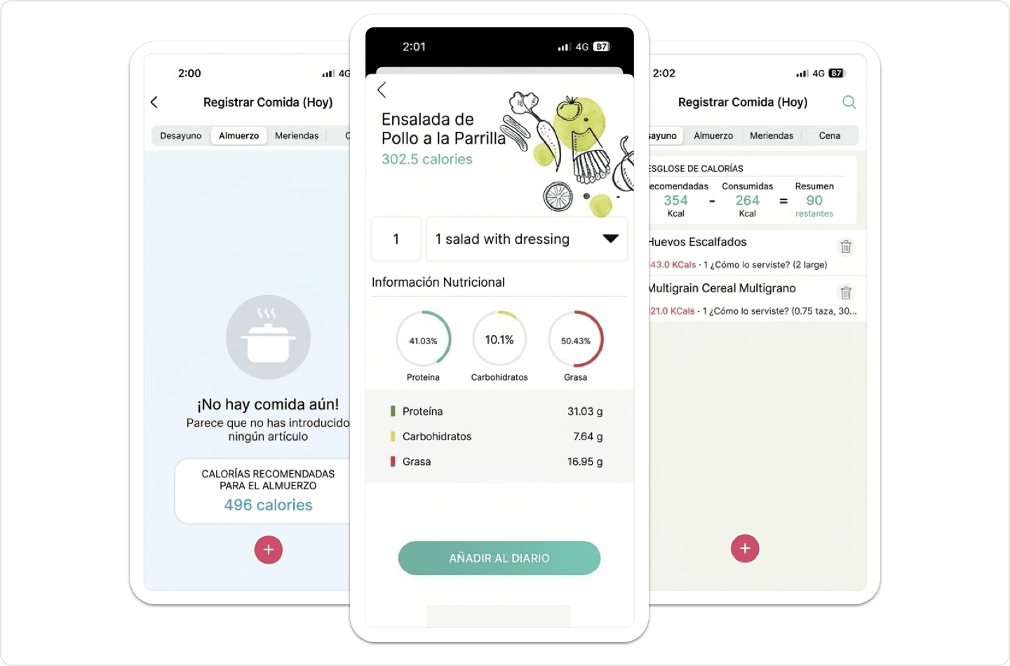 Interfaz móvil de Vantage Fit para registrar comidas con desglose nutricional, resumen de calorías y controles para añadir al diario.